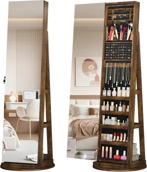 LVSOMT 360° Swivel Jewelry Cabinet with Full Length Mirror, 63" Large Capacity Jewelry Organizer Armoire, Lockable Mirror with Jewelry Storage, Floor Standing Mirror, Storage Shelves (Retro Brown)