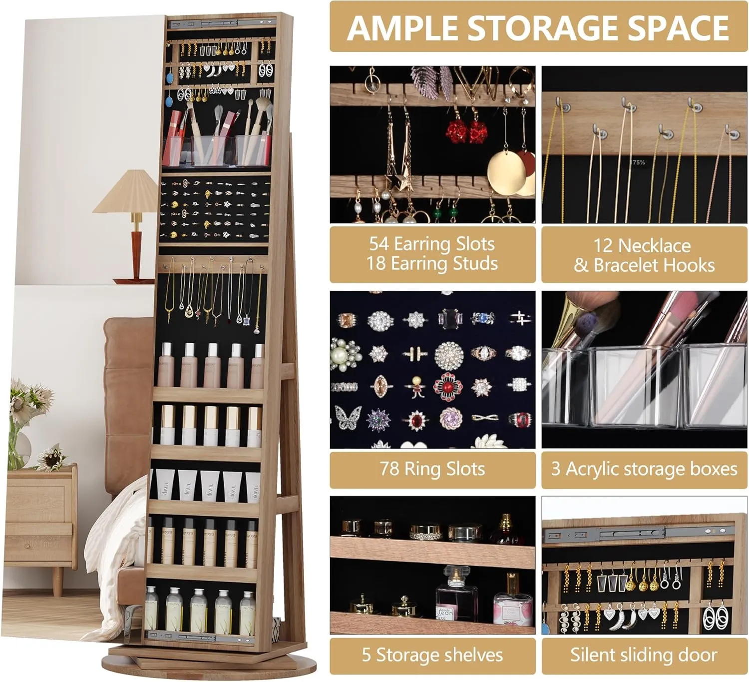 LVSOMT 360° Swivel Jewelry Cabinet with Full Length Mirror, 63" Large Jewelry Armoire Organizer, Lockable Mirror with Jewelry Storage, Floor Standing Mirror, Rear Storage Shelves