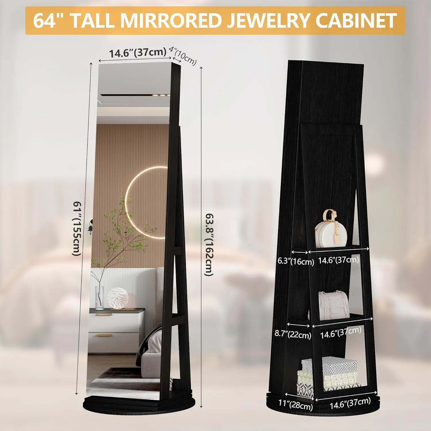 LVSOMT 360° Swivel Jewelry Mirror Cabinet, Standing Jewelry Armoire Organizer, 63" Rotatable Full Length Mirror with Jewelry Storage, Lockable with Back Storage Shelve (Black)