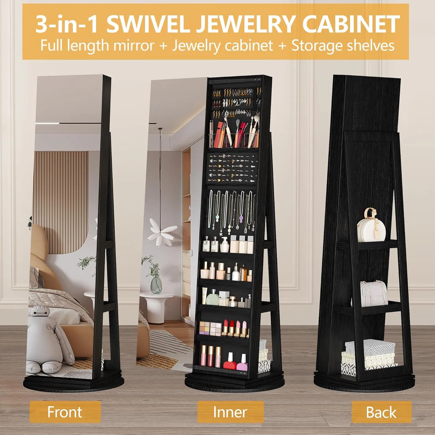 LVSOMT 360° Swivel Jewelry Mirror Cabinet, Standing Jewelry Armoire Organizer, 63" Rotatable Full Length Mirror with Jewelry Storage, Lockable with Back Storage Shelve (Black)