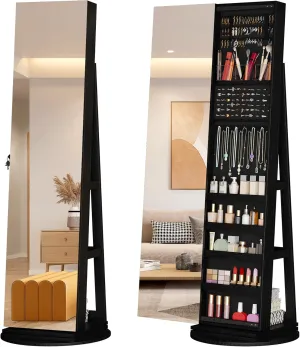 LVSOMT 360° Swivel Jewelry Mirror Cabinet, Standing Jewelry Armoire Organizer, 63" Rotatable Full Length Mirror with Jewelry Storage, Lockable with Back Storage Shelve (Black)