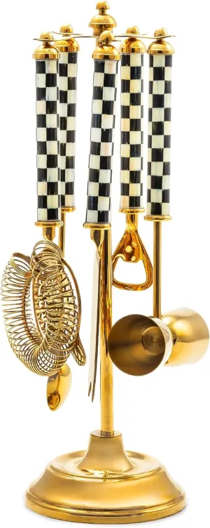 MACKENZIE-CHILDS 3260 Bar-Tool Set, 5-Piece Set with Stainless-Steel Jigger, Strainer, Bottle Opener, Mixing Spoon, Knife, and Stand, Black-and-White Courtly Check Gold