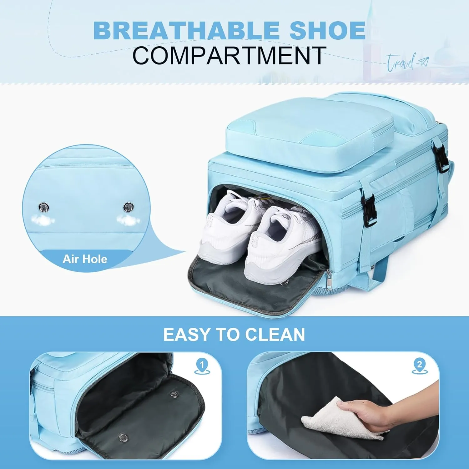 Maelstrom Travel Backpack for Women Men,35L Laptop Backpack Fits 17-Inch Laptop,Waterproof Carry On Backpack for Airplanes with Detachable Crossbody Bag&Shoe Compartment,Light Blue, Large