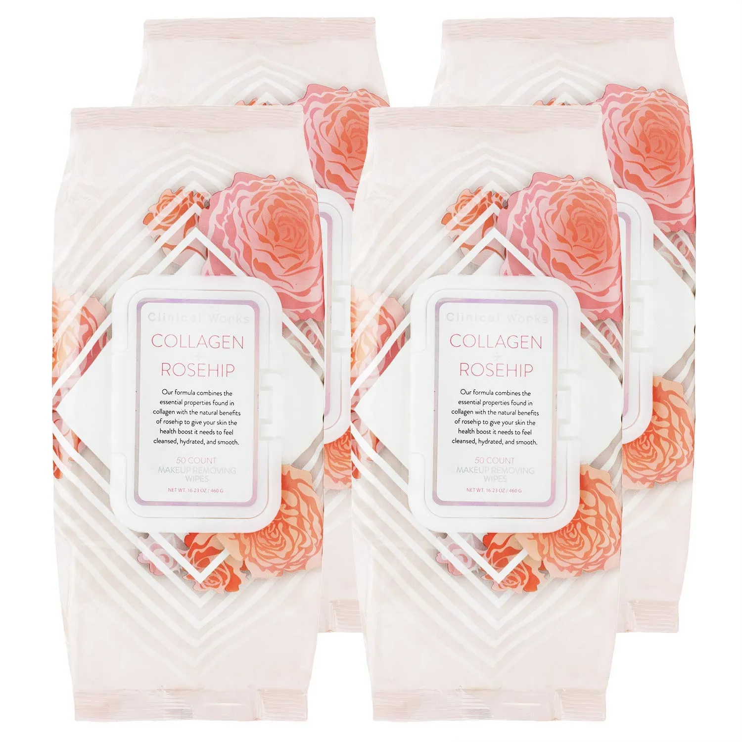 Makeup Remover Wipes Bulk Pack- Collagen and Rosehip Facial Cleansing Wipes, 4 Pack