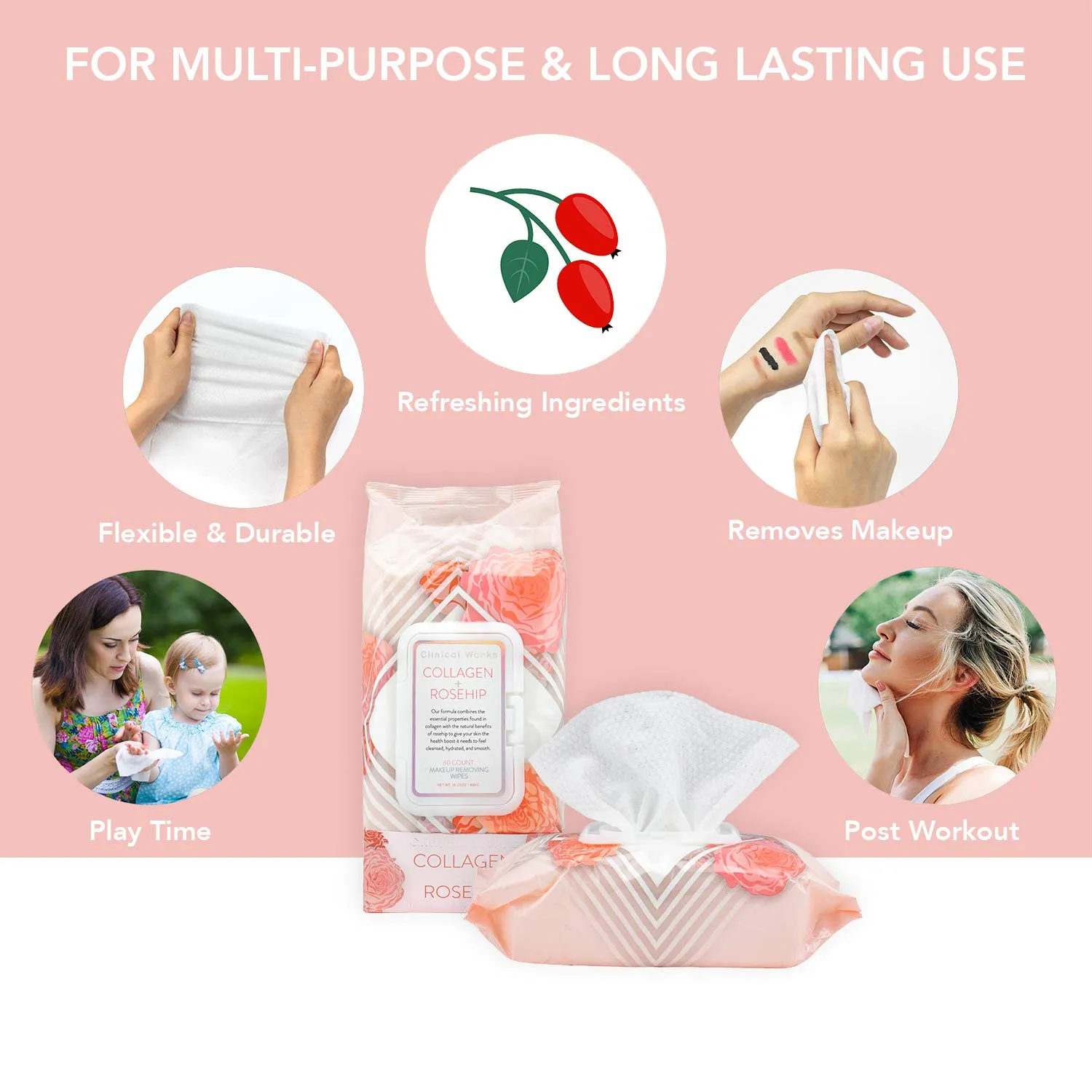 Makeup Remover Wipes Bulk Pack- Collagen and Rosehip Facial Cleansing Wipes, 4 Pack