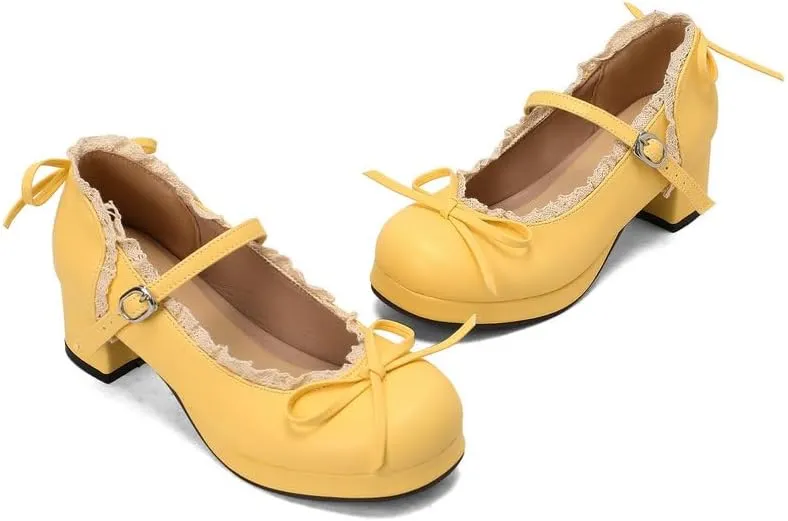 Mary Jane Women Chunky Block Heel Pumps with Elegant Bow Laced Lolita Leather Shoes
