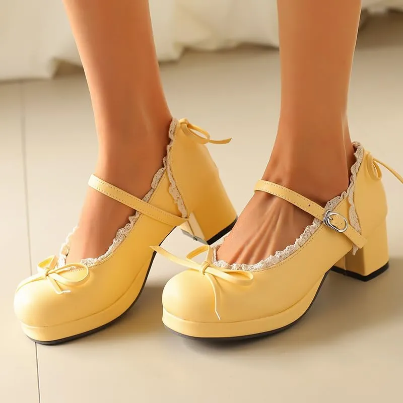 Mary Jane Women Chunky Block Heel Pumps with Elegant Bow Laced Lolita Leather Shoes