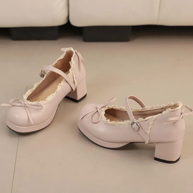 Mary Jane Women Chunky Block Heel Pumps with Elegant Bow Laced Lolita Leather Shoes