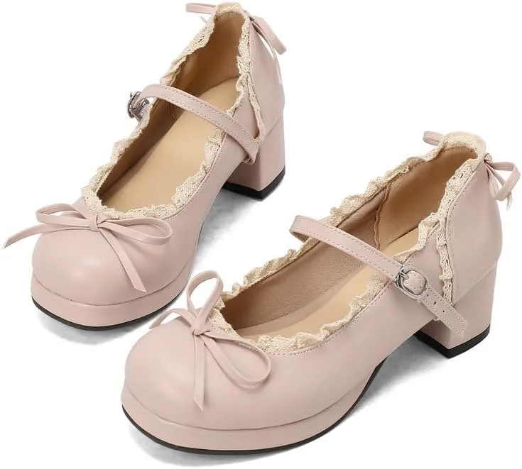 Mary Jane Women Chunky Block Heel Pumps with Elegant Bow Laced Lolita Leather Shoes