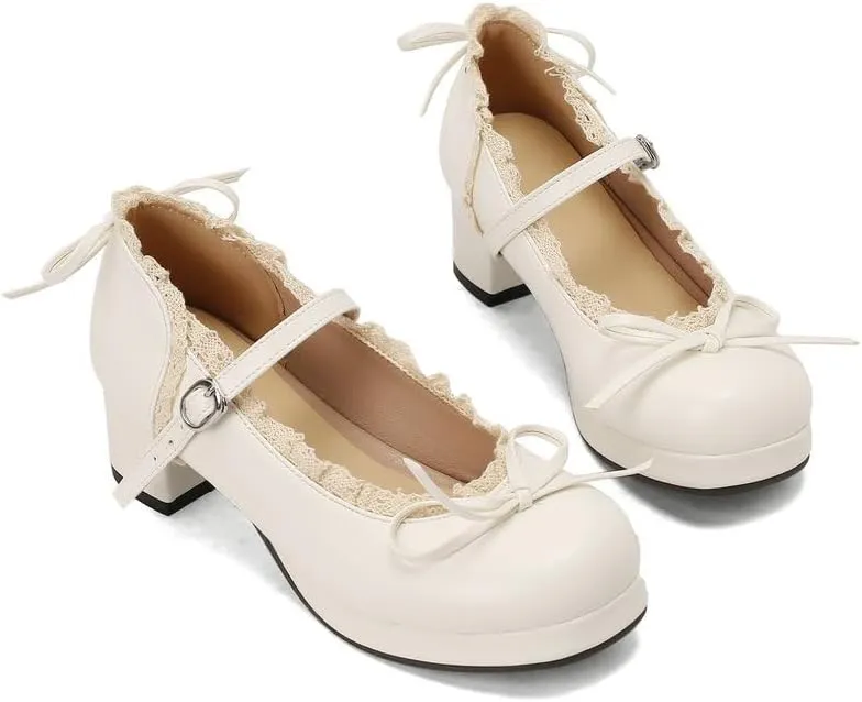 Mary Jane Women Chunky Block Heel Pumps with Elegant Bow Laced Lolita Leather Shoes