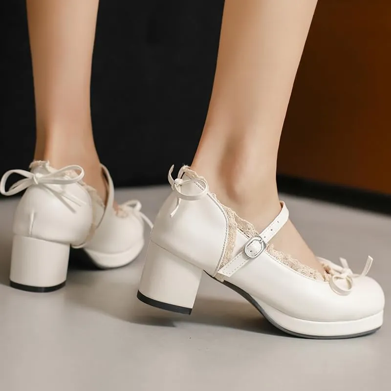 Mary Jane Women Chunky Block Heel Pumps with Elegant Bow Laced Lolita Leather Shoes