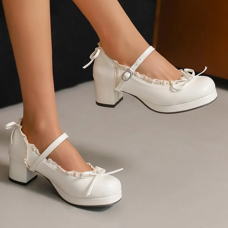 Mary Jane Women Chunky Block Heel Pumps with Elegant Bow Laced Lolita Leather Shoes