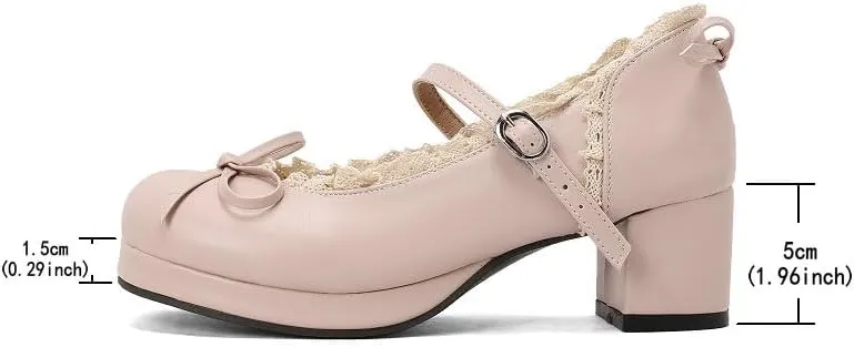 Mary Jane Women Chunky Block Heel Pumps with Elegant Bow Laced Lolita Leather Shoes