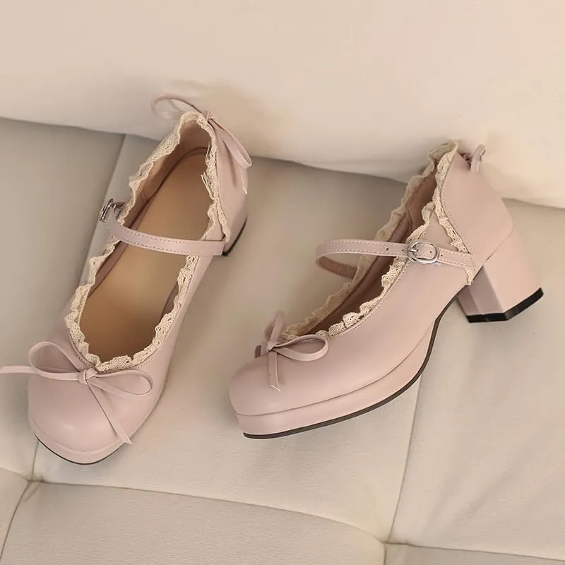 Mary Jane Women Chunky Block Heel Pumps with Elegant Bow Laced Lolita Leather Shoes