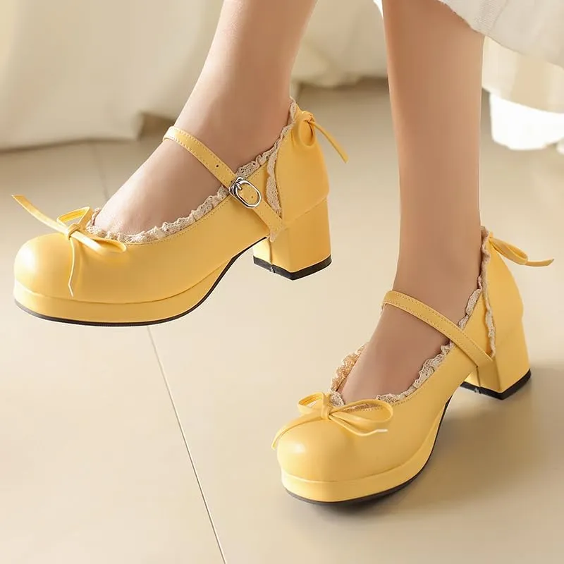 Mary Jane Women Chunky Block Heel Pumps with Elegant Bow Laced Lolita Leather Shoes
