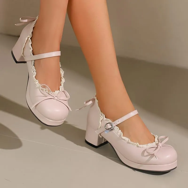Mary Jane Women Chunky Block Heel Pumps with Elegant Bow Laced Lolita Leather Shoes