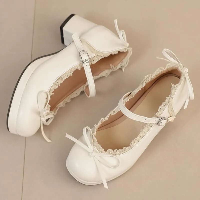 Mary Jane Women Chunky Block Heel Pumps with Elegant Bow Laced Lolita Leather Shoes