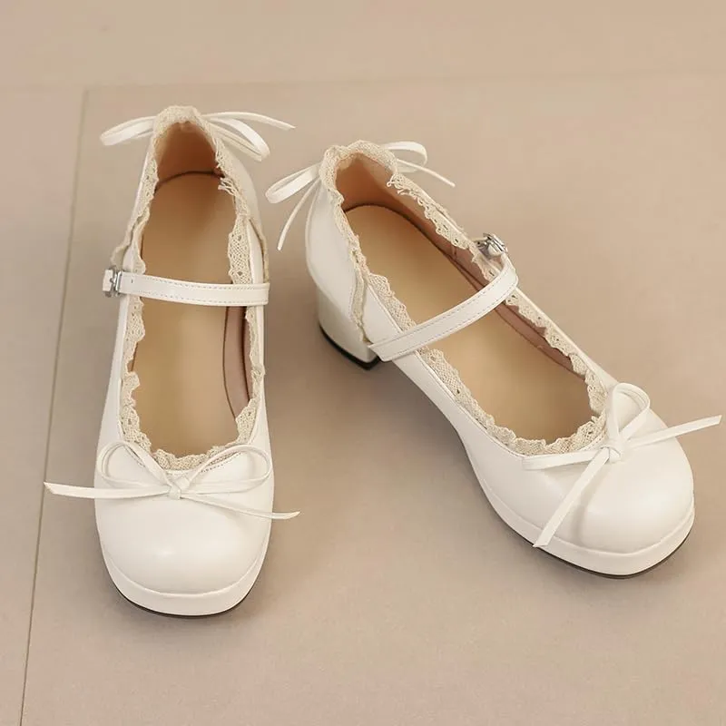 Mary Jane Women Chunky Block Heel Pumps with Elegant Bow Laced Lolita Leather Shoes