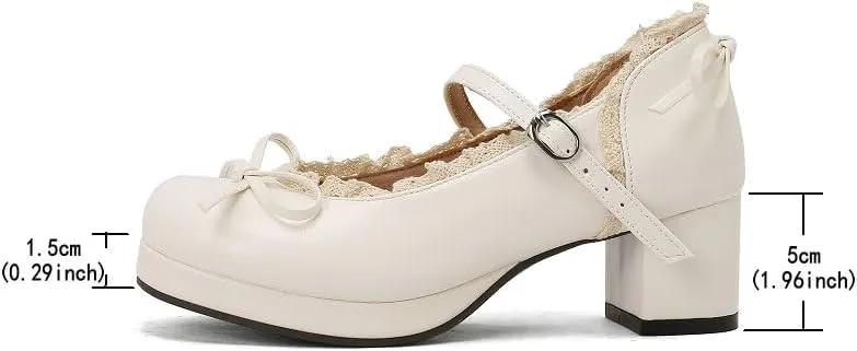 Mary Jane Women Chunky Block Heel Pumps with Elegant Bow Laced Lolita Leather Shoes