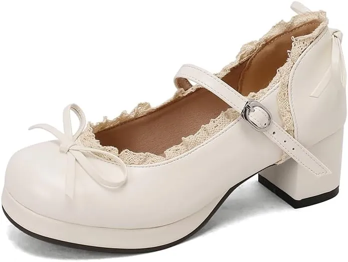 Mary Jane Women Chunky Block Heel Pumps with Elegant Bow Laced Lolita Leather Shoes