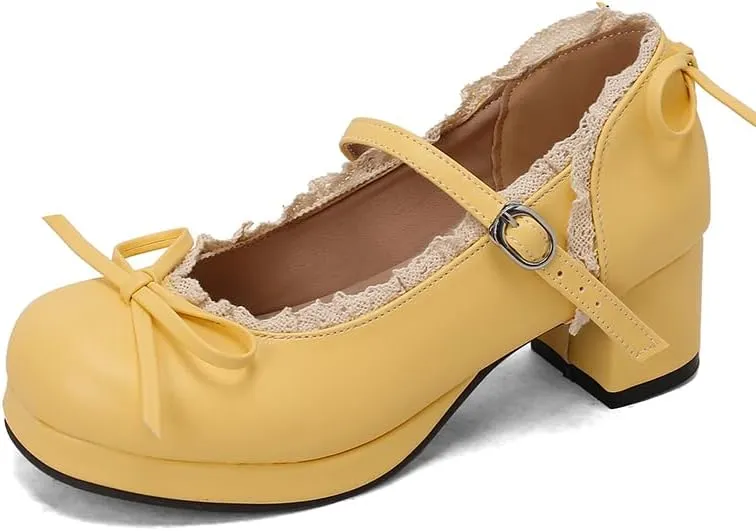 Mary Jane Women Chunky Block Heel Pumps with Elegant Bow Laced Lolita Leather Shoes