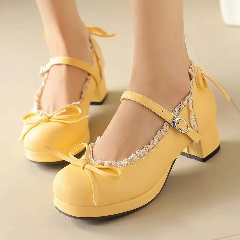 Mary Jane Women Chunky Block Heel Pumps with Elegant Bow Laced Lolita Leather Shoes
