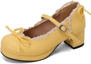 Mary Jane Women Chunky Block Heel Pumps with Elegant Bow Laced Lolita Leather Shoes