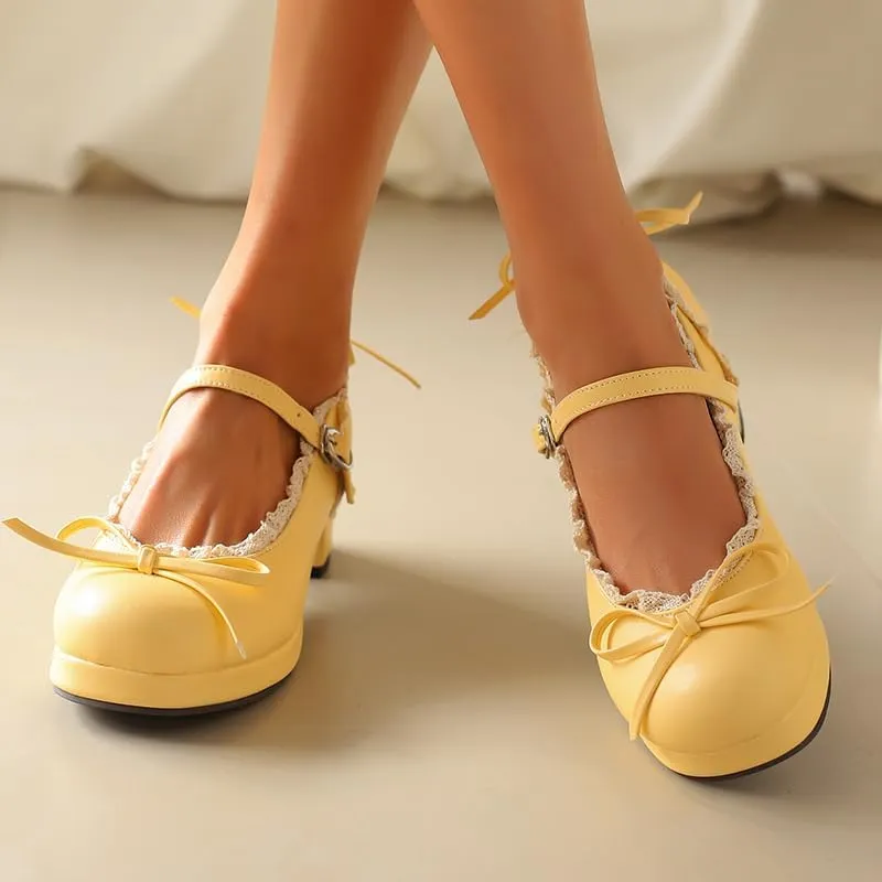 Mary Jane Women Chunky Block Heel Pumps with Elegant Bow Laced Lolita Leather Shoes