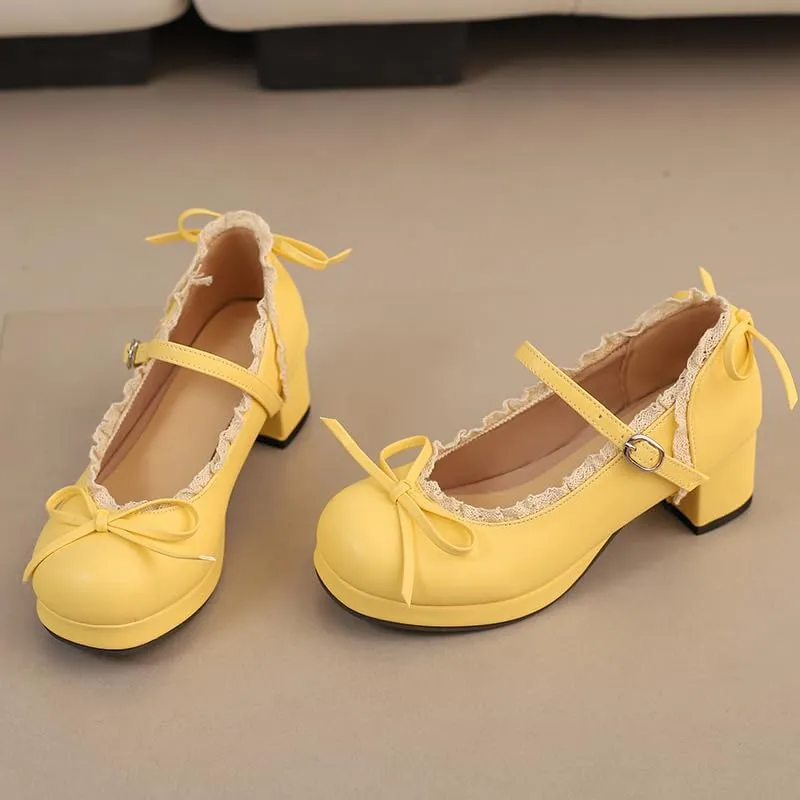 Mary Jane Women Chunky Block Heel Pumps with Elegant Bow Laced Lolita Leather Shoes
