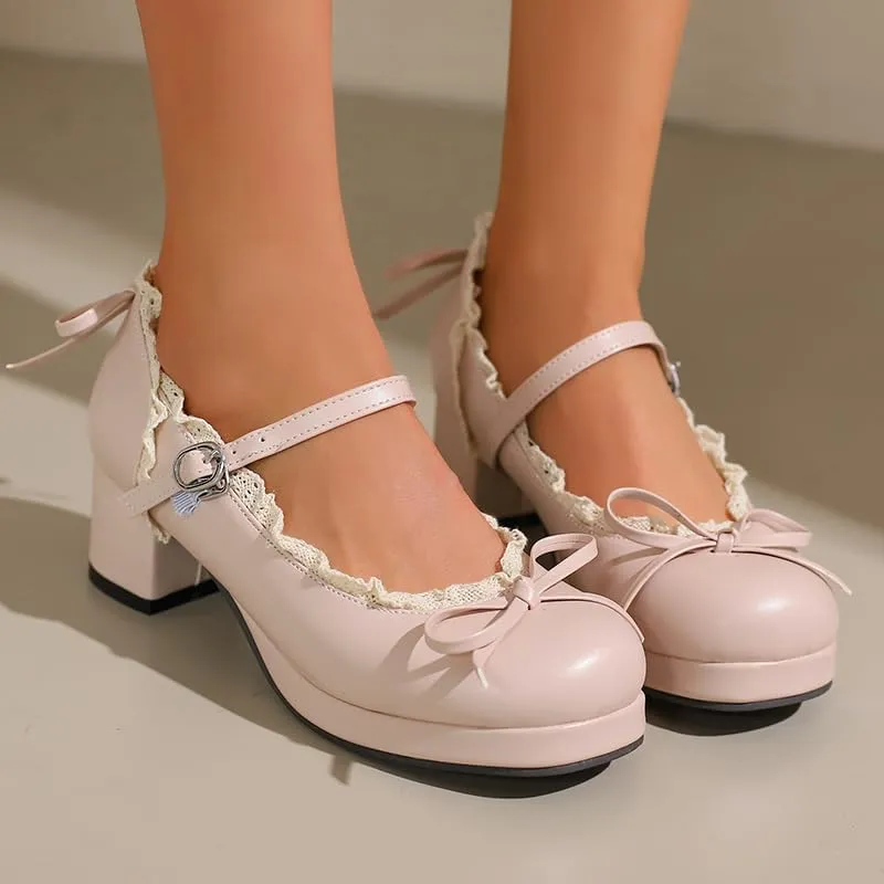 Mary Jane Women Chunky Block Heel Pumps with Elegant Bow Laced Lolita Leather Shoes