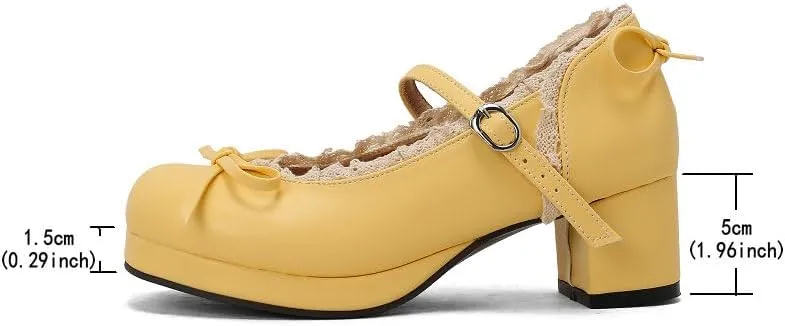 Mary Jane Women Chunky Block Heel Pumps with Elegant Bow Laced Lolita Leather Shoes