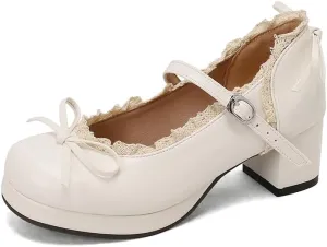 Mary Jane Women Chunky Block Heel Pumps with Elegant Bow Laced Lolita Leather Shoes