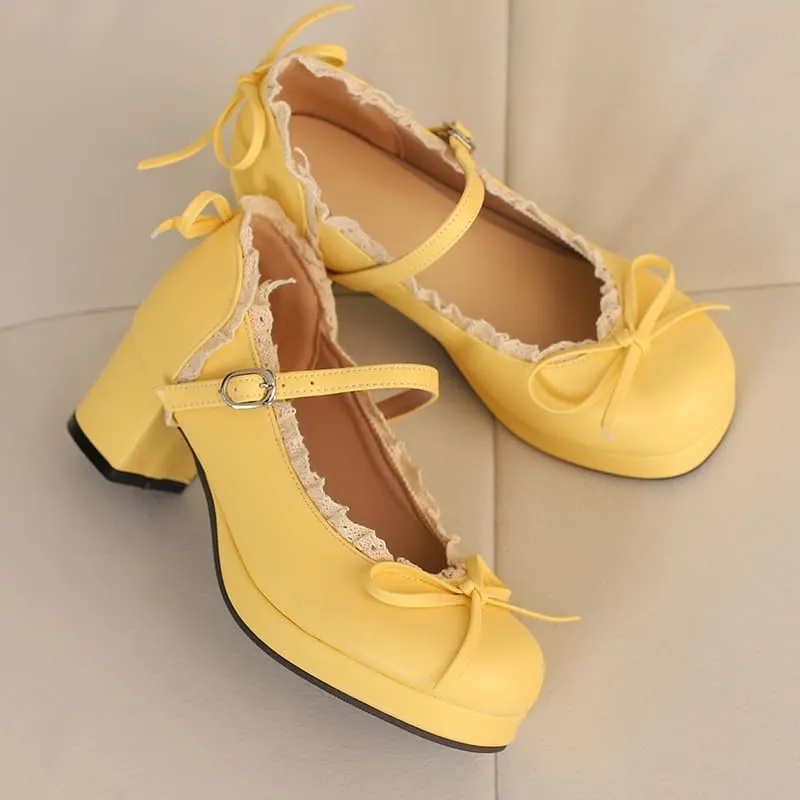 Mary Jane Women Chunky Block Heel Pumps with Elegant Bow Laced Lolita Leather Shoes