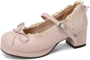 Mary Jane Women Chunky Block Heel Pumps with Elegant Bow Laced Lolita Leather Shoes