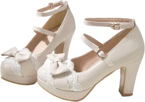 Mary Janes for Women Platform Heels Bow Kawaii Shoes Vintage Dress Pumps