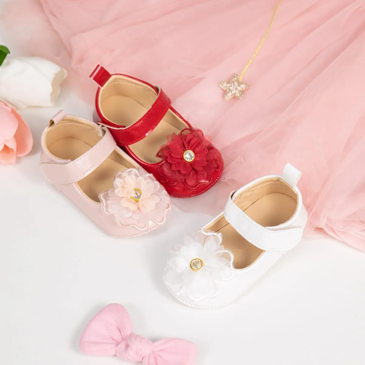 Meckior Infant Baby Girls Soft Sole Bowknot Princess Wedding Dress Mary Jane Flats Prewalker Newborn Light Baby Sneaker Shoes