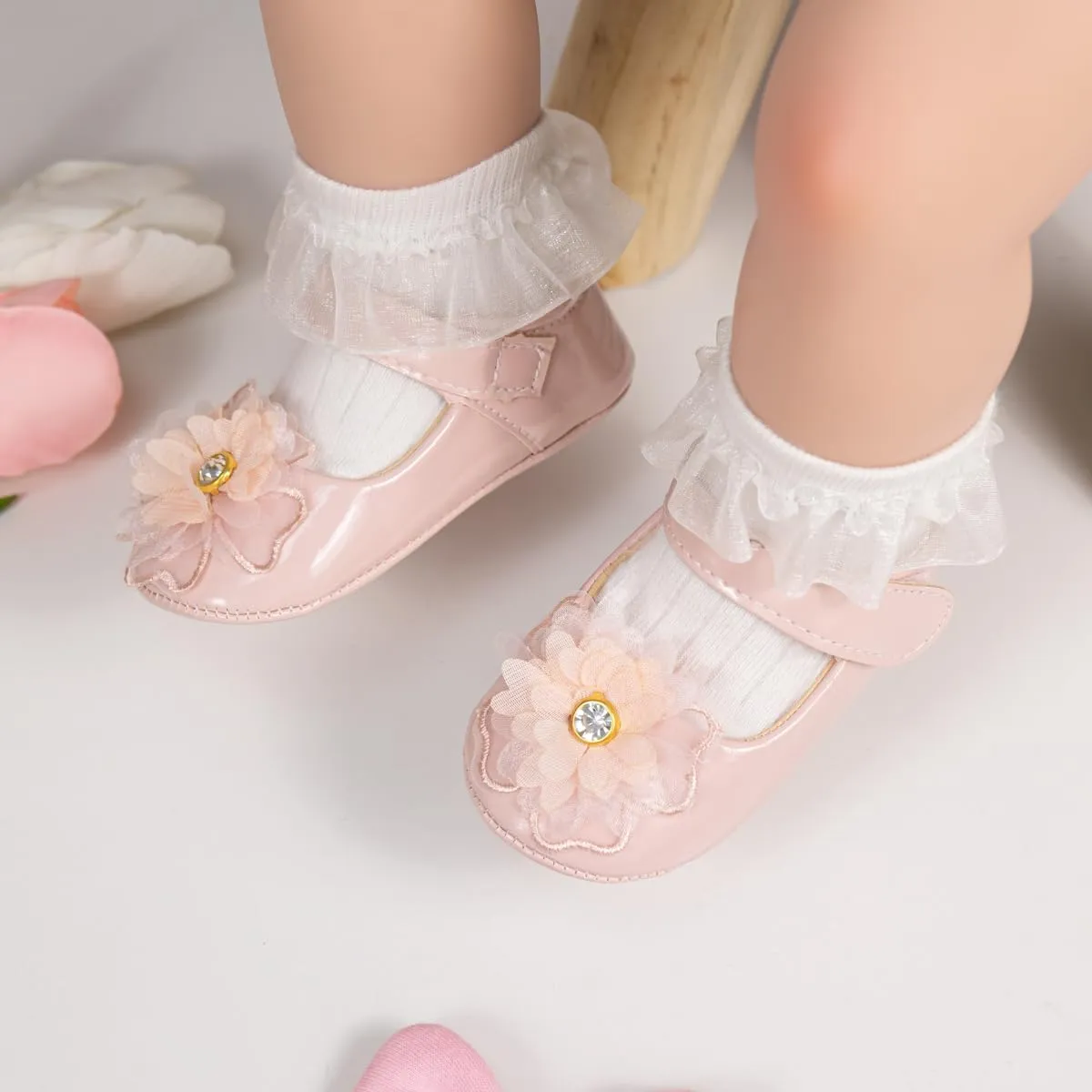Meckior Infant Baby Girls Soft Sole Bowknot Princess Wedding Dress Mary Jane Flats Prewalker Newborn Light Baby Sneaker Shoes