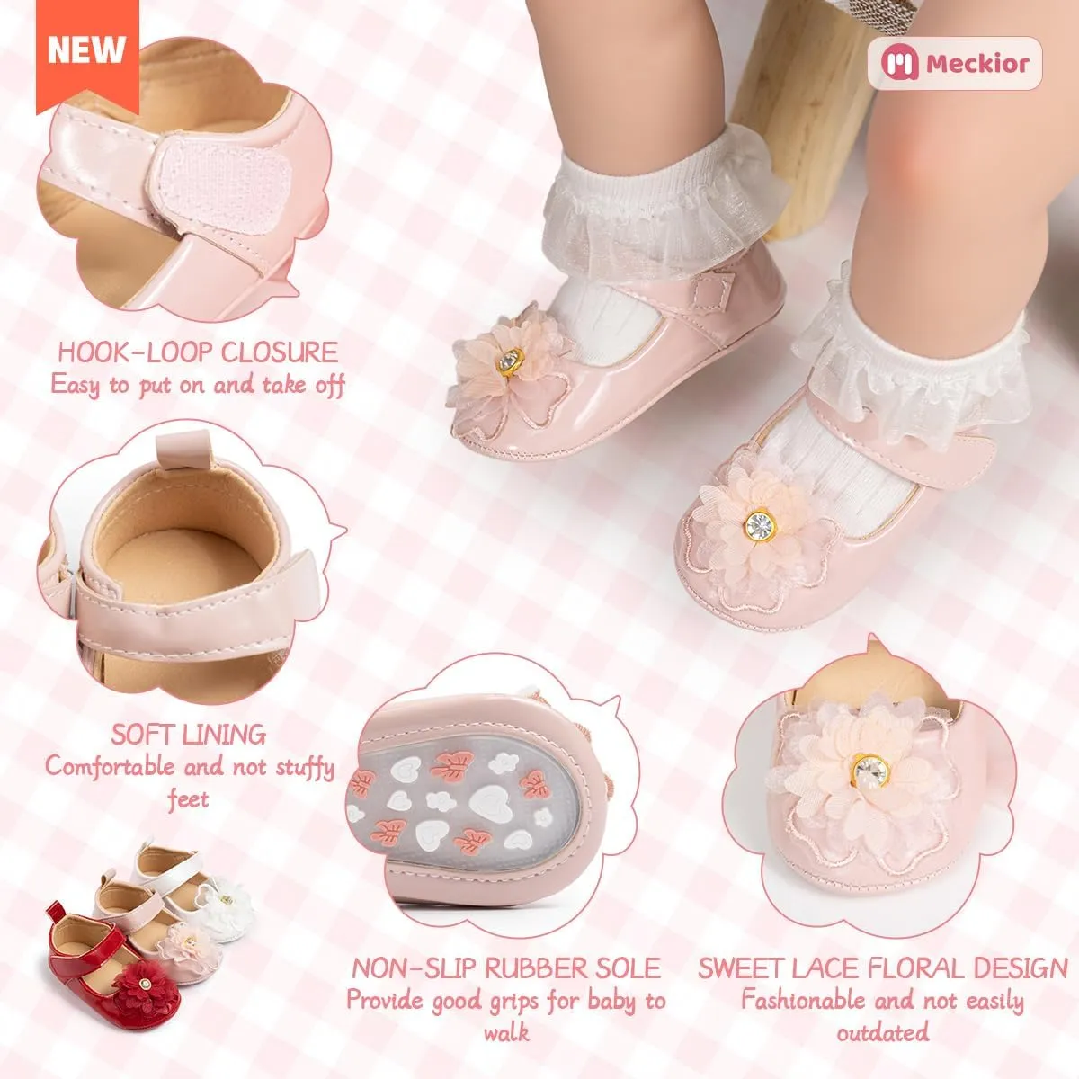 Meckior Infant Baby Girls Soft Sole Bowknot Princess Wedding Dress Mary Jane Flats Prewalker Newborn Light Baby Sneaker Shoes
