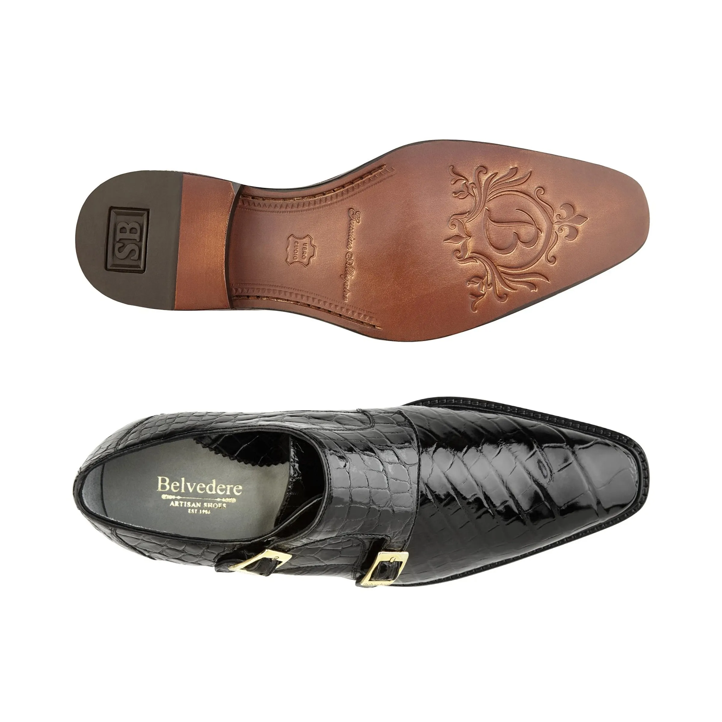 Mens Belvedere Oscar Alligator Double Monk Strap Dress Shoe in Brown