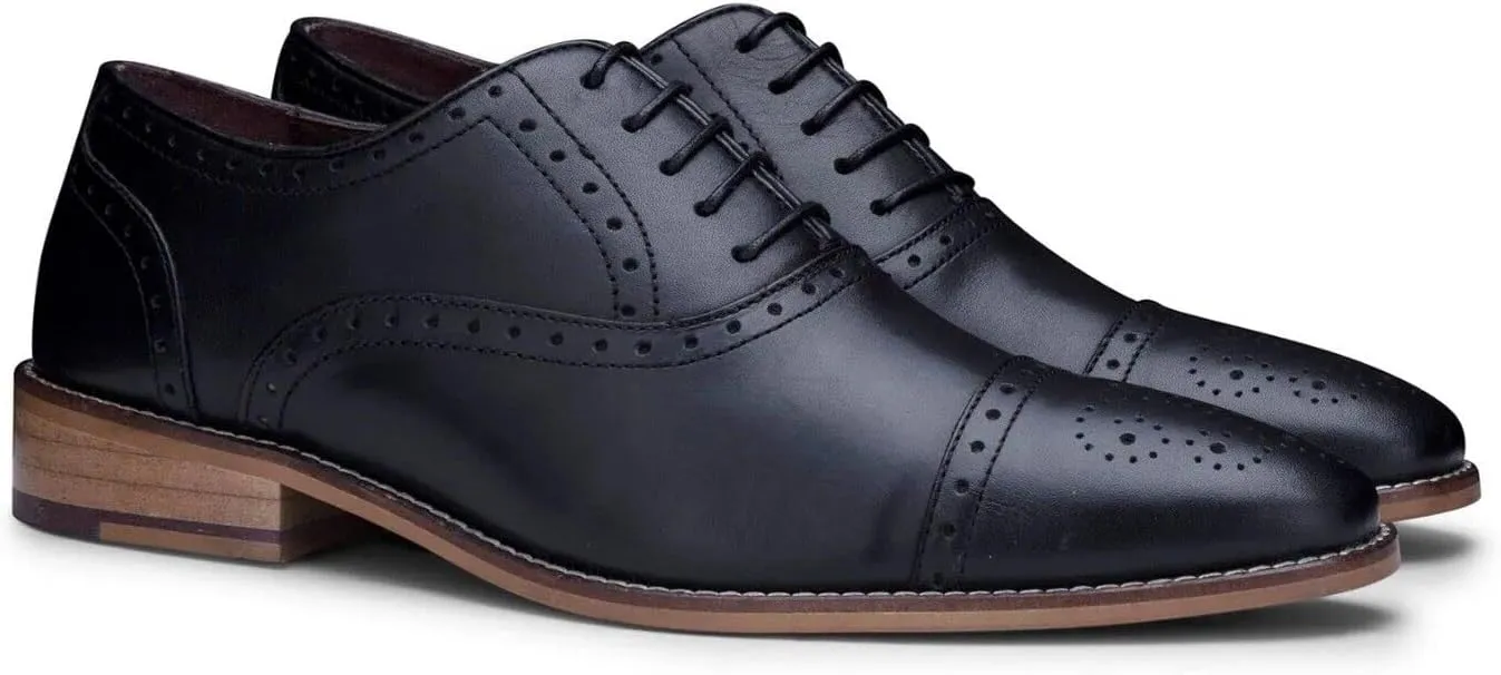 Mens Black Oxford Real Leather Classic Formal Smart Laced Vintage Brogue Shoes