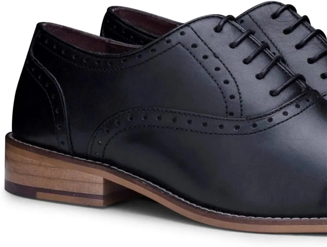 Mens Black Oxford Real Leather Classic Formal Smart Laced Vintage Brogue Shoes