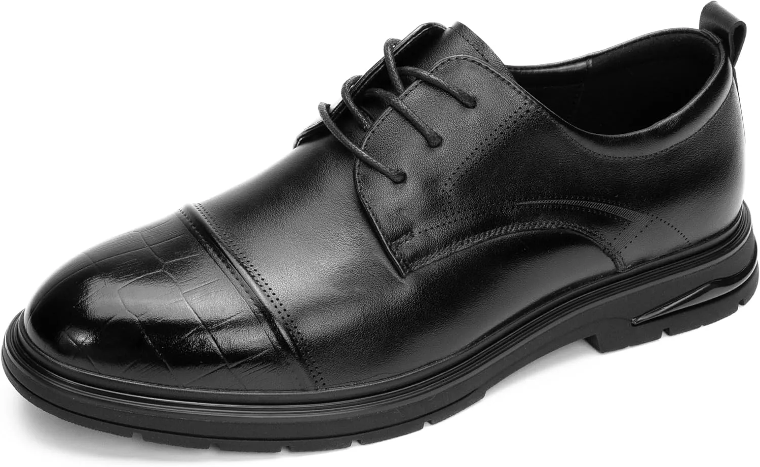 Men's Business Dress Shoes – Black PU Leather Cap Toe Derby with Crocodile Texture and Cushioned Sole – Formal Comfortable Work Shoes