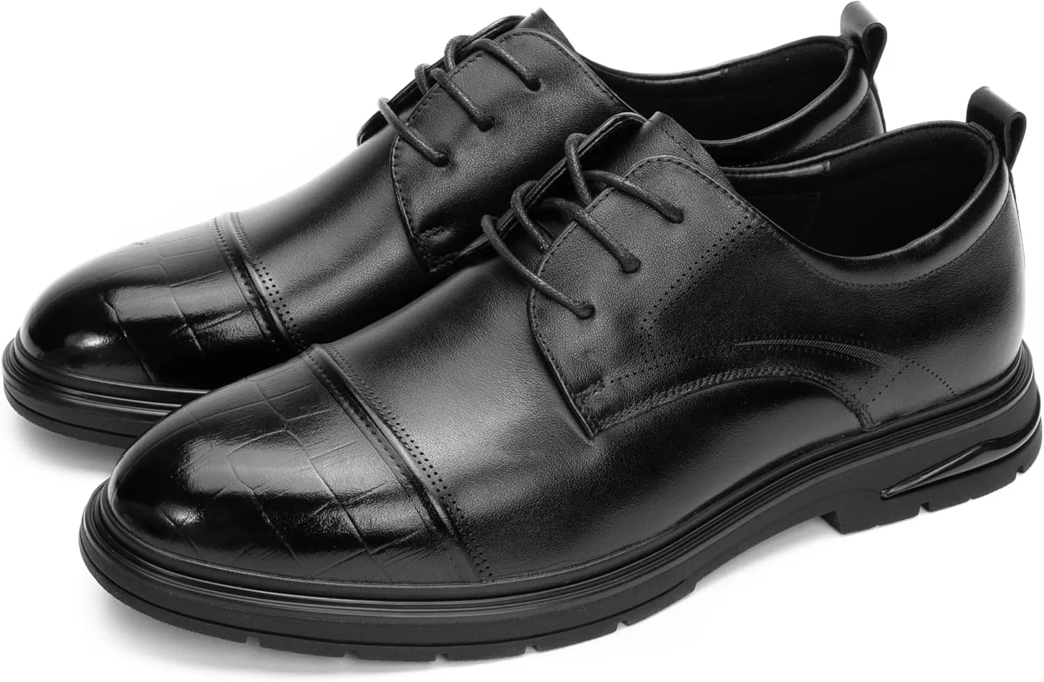 Men's Business Dress Shoes – Black PU Leather Cap Toe Derby with Crocodile Texture and Cushioned Sole – Formal Comfortable Work Shoes