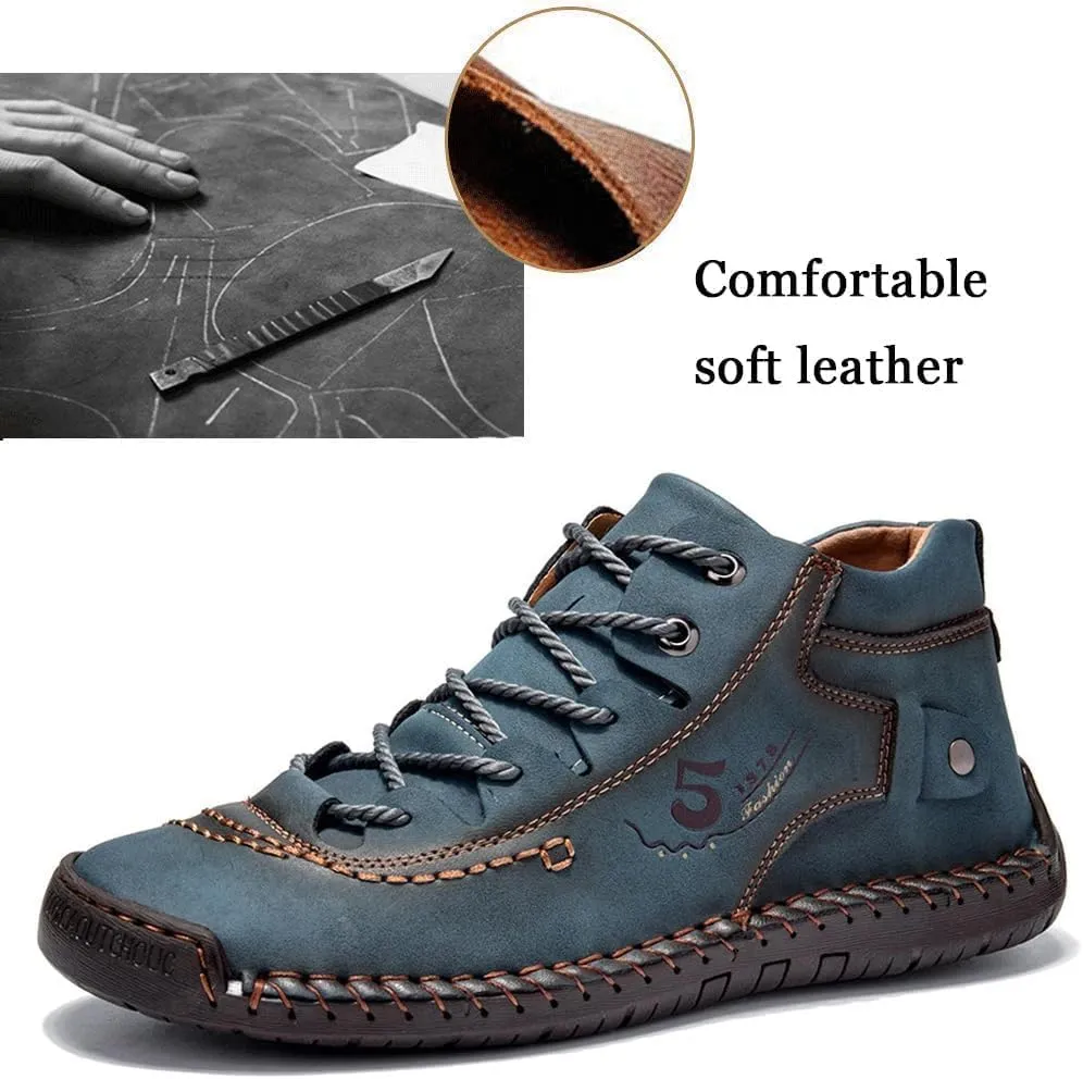 Mens Casual Leather Shoes Ankle Chukka Boots Slip On Lightweight Loafers Mid top Outdoor Lace Up Walking Driving Shoes
