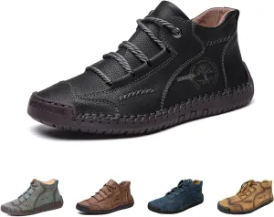 Men's Comfy Lightweight Stitching Leather Shoes, Leather Hand-Stitched Flat Mid-Cut Boots for Hiking Walking Driving (Black,40EU)