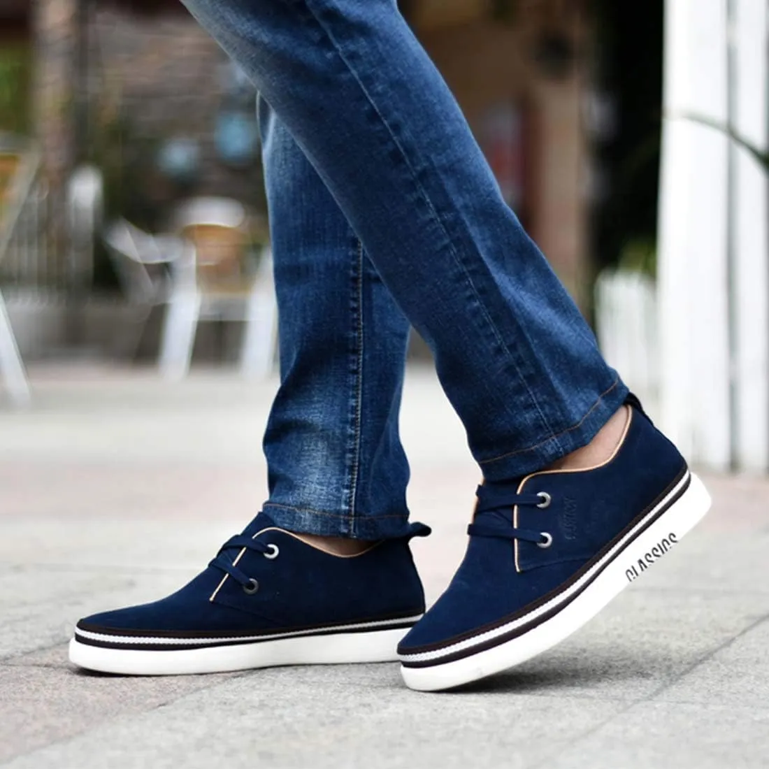 Men's Invisible Height Increasing Elevator 2 Inches Taller Shoes Leather Suede Stitching Lace-up Thick Sole Oxfords