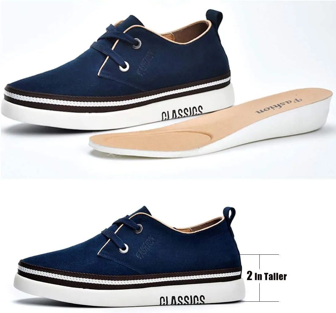 Men's Invisible Height Increasing Elevator 2 Inches Taller Shoes Leather Suede Stitching Lace-up Thick Sole Oxfords