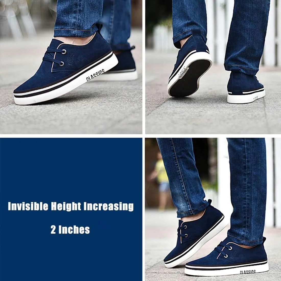 Men's Invisible Height Increasing Elevator 2 Inches Taller Shoes Leather Suede Stitching Lace-up Thick Sole Oxfords