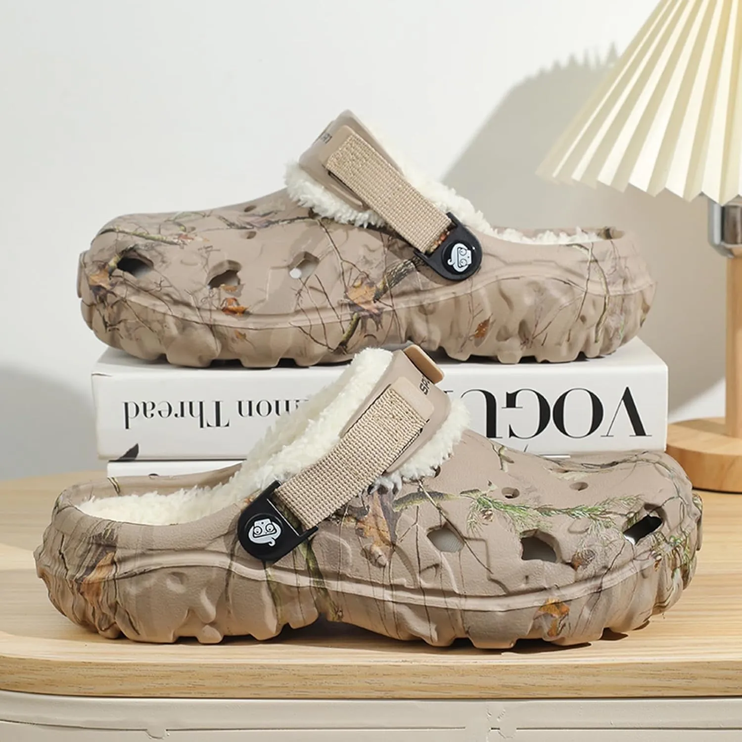 Mens Womens Lined Clog for Winter: Classic Print - Warm Fuzzy Home Slippers