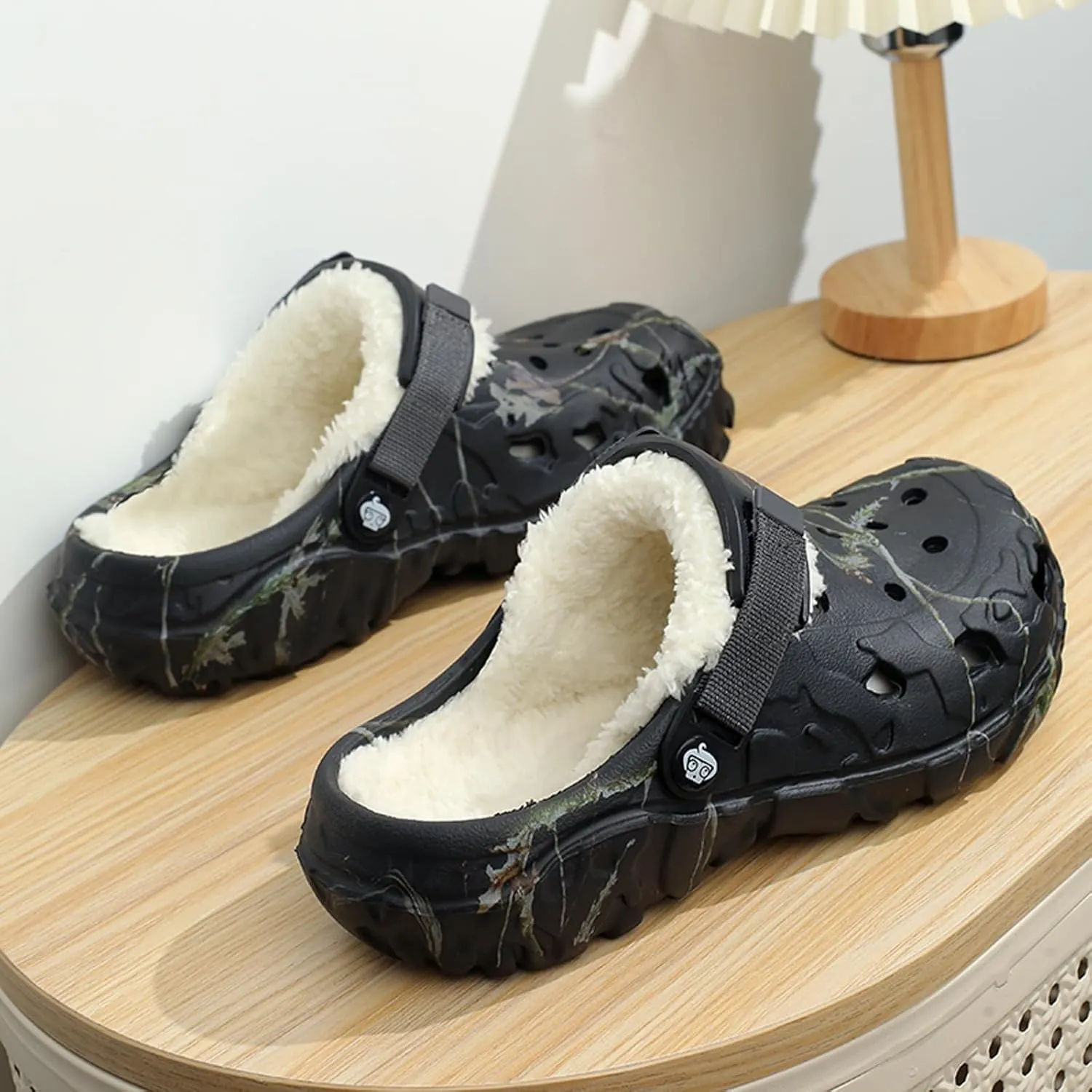 Mens Womens Lined Clog for Winter: Classic Print - Warm Fuzzy Home Slippers